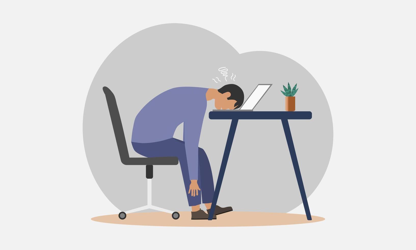 a Exausta jovem homem às trabalhar. esgotamento ou frustrado trabalhador conceito. vetor ilustração.