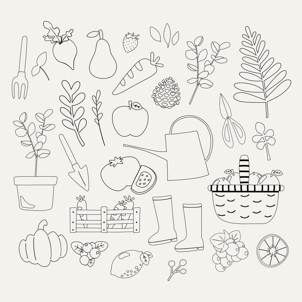 mão desenhado vetor plano ilustração do monocromático Preto e branco linha jardinagem rabisco Primavera horticultura elementos definir. para poster, cartão, scrapbooking, convite, gráfico