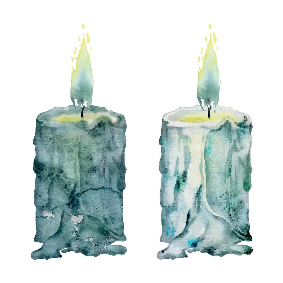 mão desenhado aguarela ilustração mar bruxa altar objetos. queimando pilar cera votivo velas com chama, azul verde. solteiro objeto isolado em branco fundo. Projeto para imprimir, comprar, Magia oculto vetor