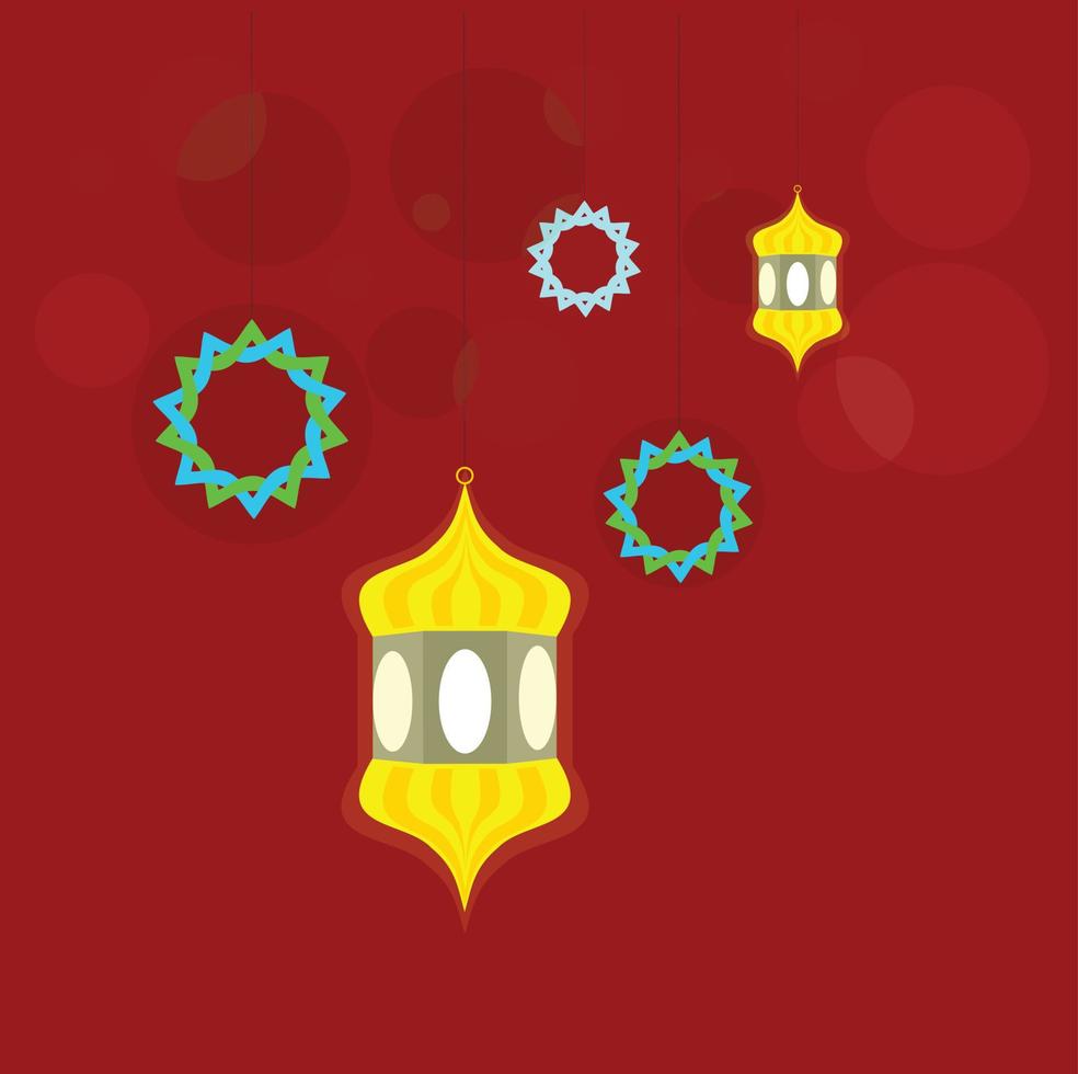 ilustração em vetor plana com design de luar, estrela e lanterna. textura vermelha. para comemorar feriados islâmicos e necessidades de design.