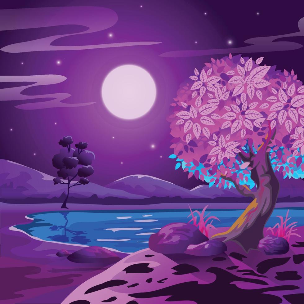 fantasia romântica cena noturna rosa com lua, árvore e lago vetor