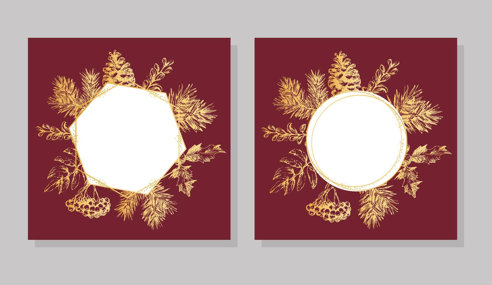 mão desenhada moldura dourada cartão de convite de Natal e ano novo. mão desenhada ilustração vetorial de coroa de flores retrô sobre fundo claro. coleção de férias de inverno vetor