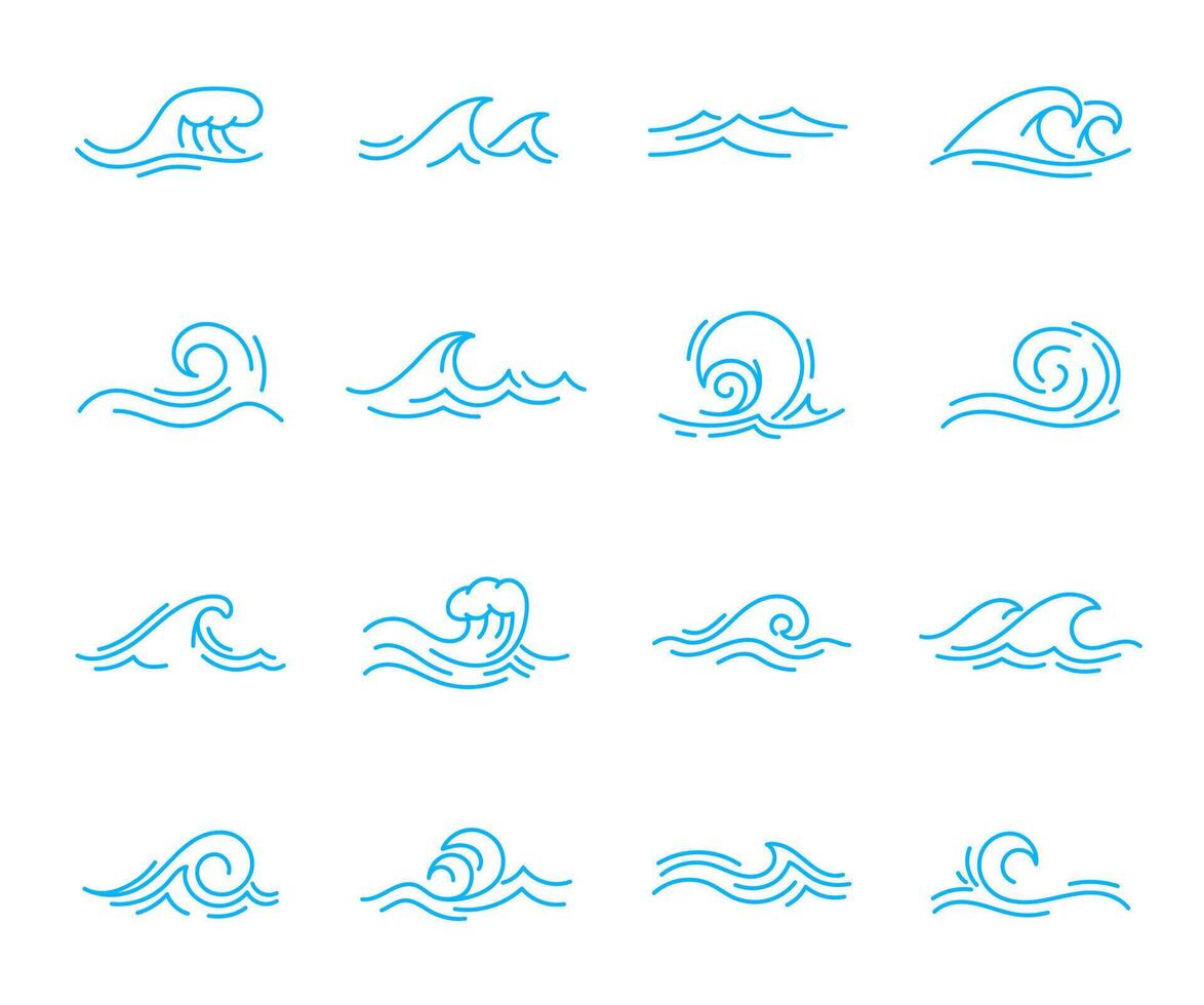 onda linha ícones, mar e oceano ondulação água placa vetor