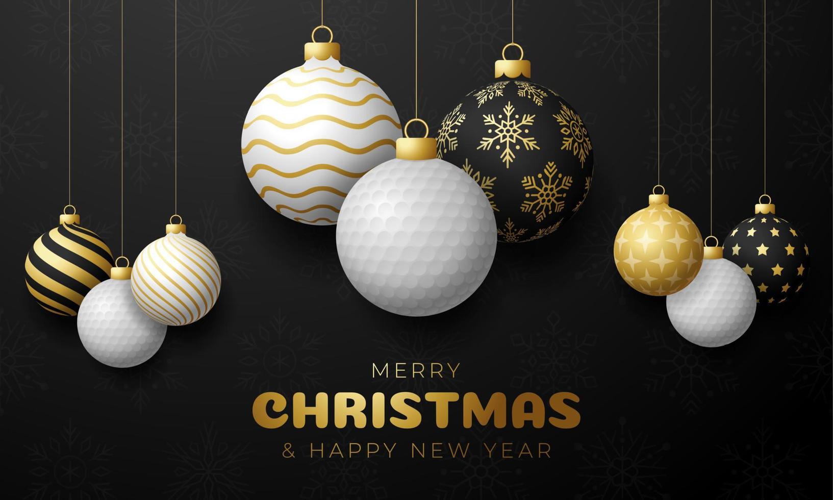 cartão de Natal de golfe. cartão do esporte feliz Natal. pendurar em uma bola de golfe de segmento como uma bola de Natal e bugiganga dourada sobre fundo preto horizontal. ilustração em vetor esporte.