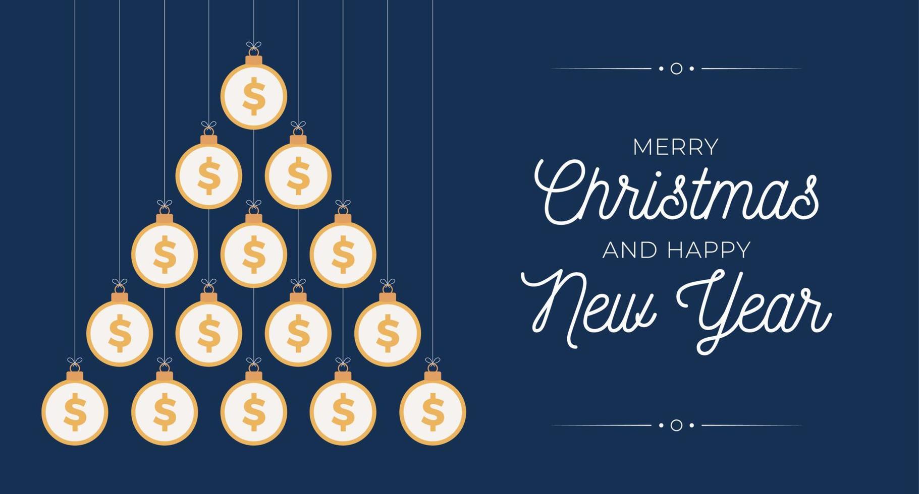 cartão de felicitações de Natal e ano novo. árvore de Natal criativa feita por bolas de dólar de dinheiro plano em fundo azul para ilustração vetorial de Natal e ano novo vetor