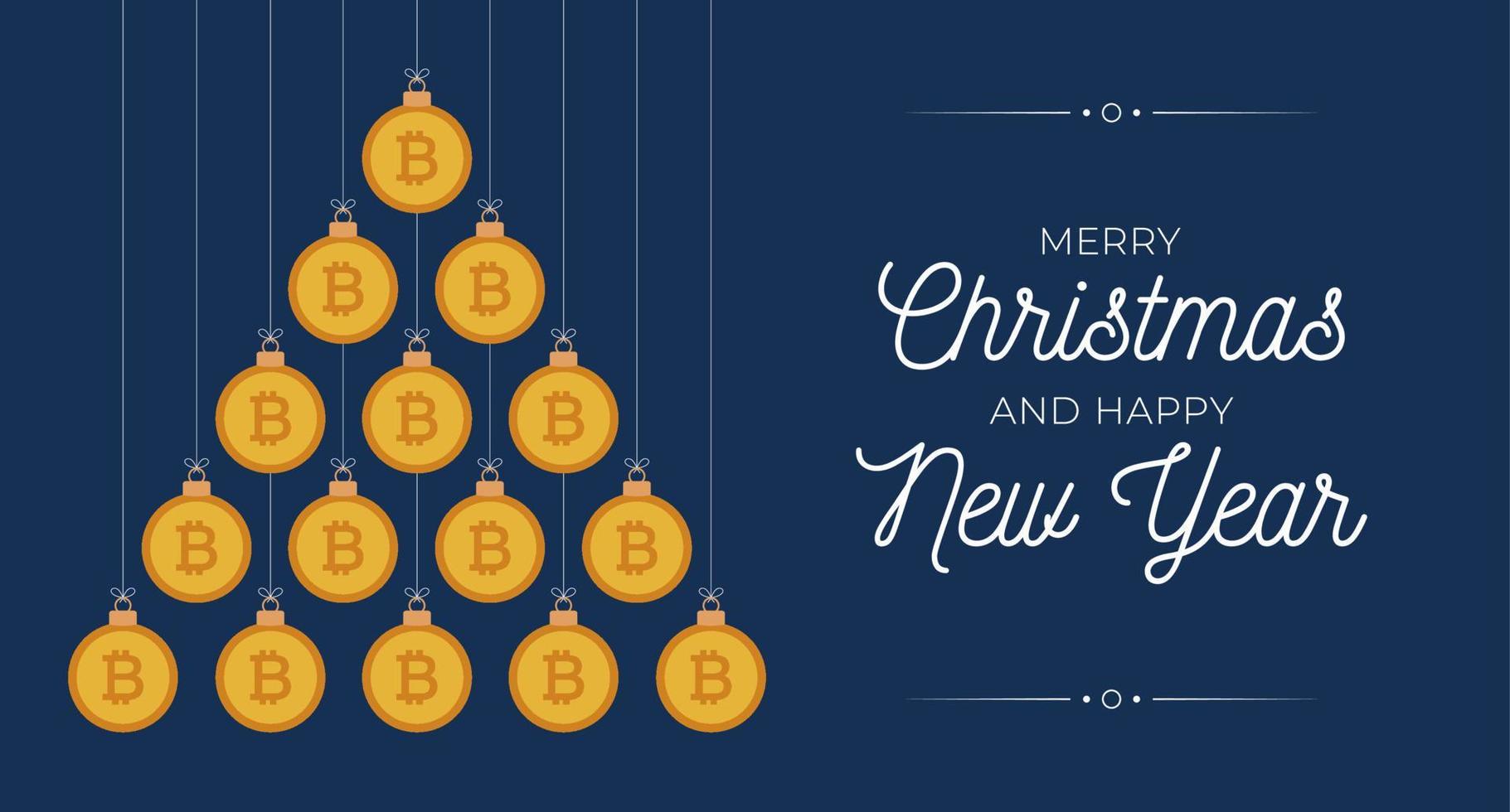 cartão de felicitações de Natal e ano novo. árvore de natal criativa feita por bolas de bitcoin de dinheiro plano em fundo azul para ilustração vetorial de Natal e ano novo vetor