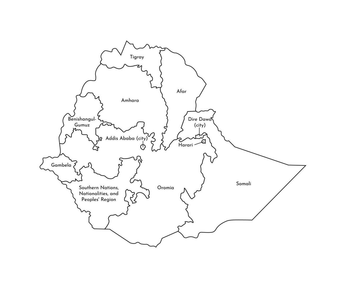 vetor isolado ilustração do simplificado administrativo mapa do Etiópia. fronteiras e nomes do a regiões. Preto linha silhuetas.