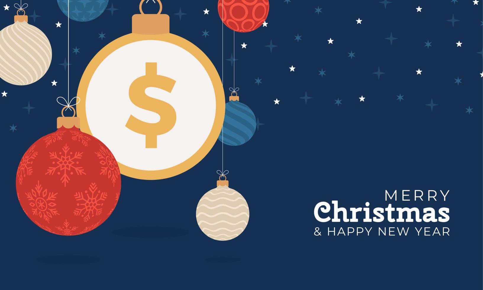 banner de símbolo de dólar feliz Natal. cifrão como cartão de suspensão de bola de bugiganga de Natal. imagem vetorial para o natal, finanças, dia de ano novo, banco, dinheiro vetor