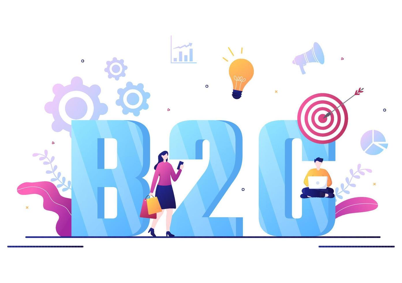 b2c ou business to consumer marketing vector illustration. empresários e clientes definem estratégia, vendas, comércio alcançam a transação acordada