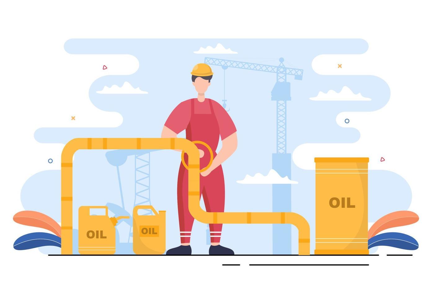 ilustração do vetor da indústria de petróleo e gás. extração de petróleo bruto, planta de refinaria, perfuração, posto de gasolina, tubulação de uso de tanque e entrega de combustível por transporte de caminhão