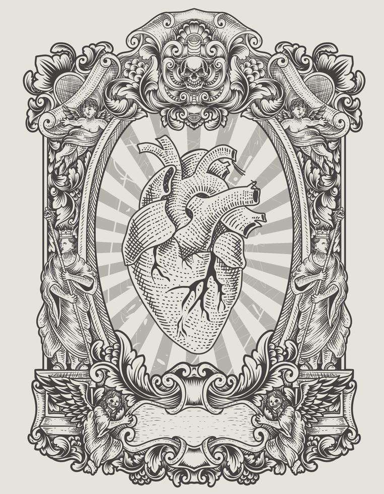 ilustração de coração humano com ornamento de gravura antiga vetor
