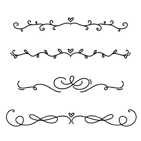 Vector linha vintage divisores elegantes e separadores, redemoinhos e cantos ornamentos decorativos. Linhas de floral linhas de design de filigrana. Flourish curl elementos para convite ou ilustração de página de menu