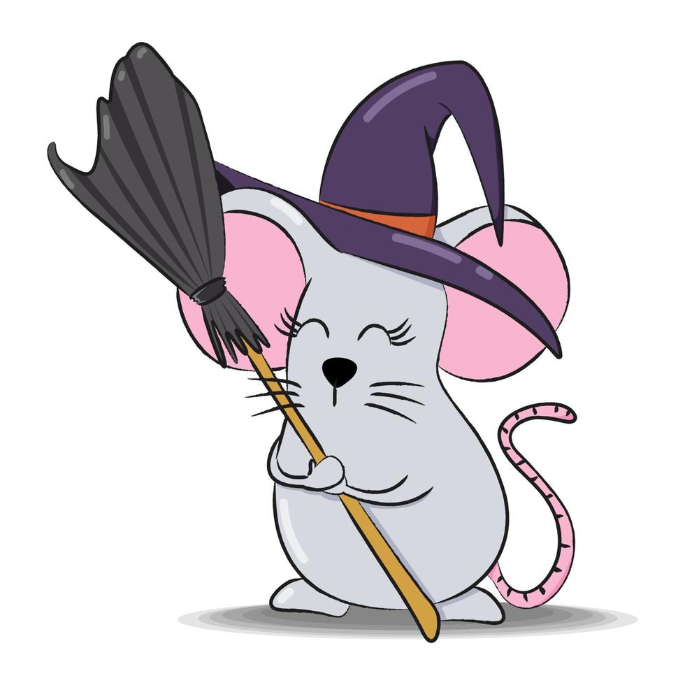 rato de halloween com chapéu de bruxa e vassoura. ilustração dos desenhos animados. vetor