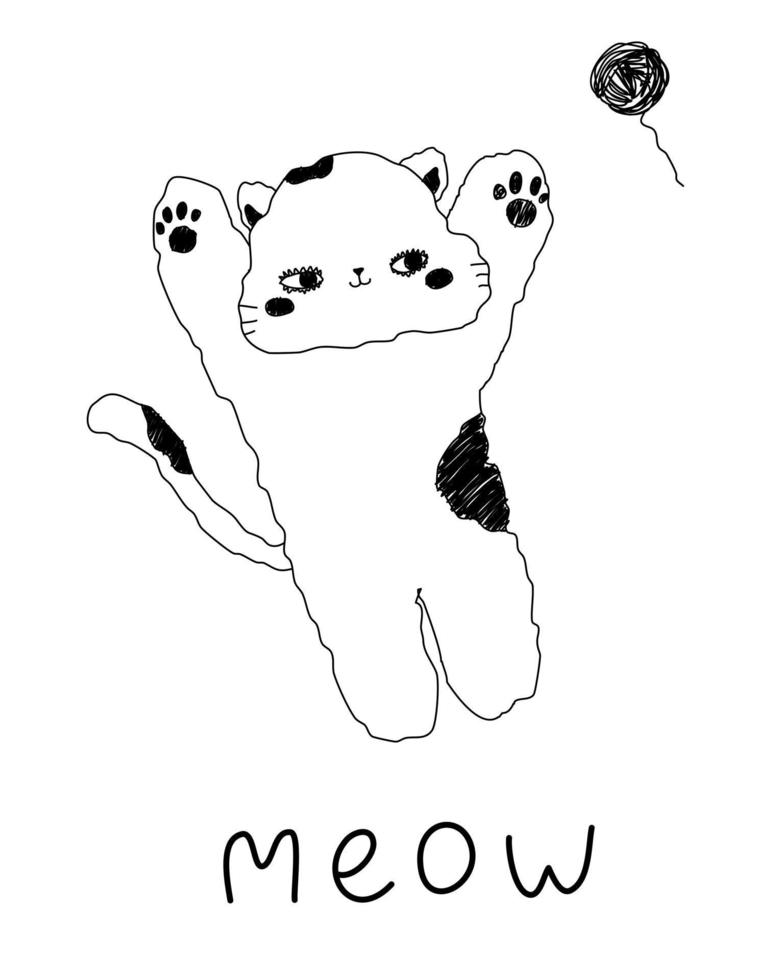 gatinho branco bonito está brincando com miau de texto. personagem de desenho animado infantil em um fundo isolado. impressão, banner, brochura. vetor