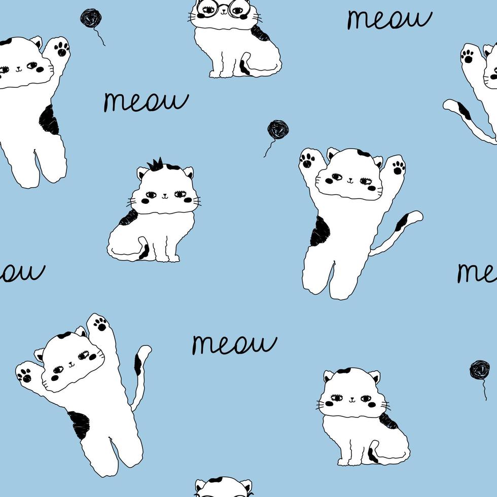 bonito padrão azul com patas e gatos está jogando texto meow. fundo sem emenda de animais de estimação. têxteis para crianças scrapbook em papel digital. vetor