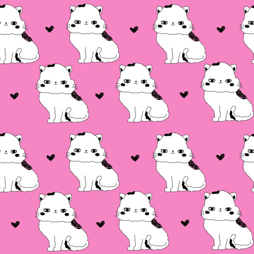 bonito padrão rosa com texto de gatos de corações pretos. fundo sem emenda de animais de estimação. têxteis para crianças scrapbook em papel digital. vetor