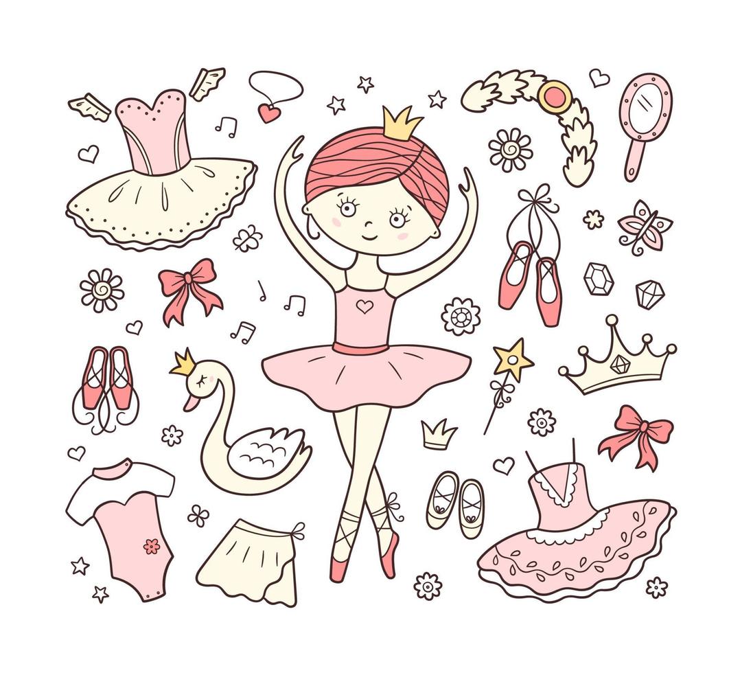 pequena bailarina e um conjunto de acessórios de balé. mão desenhada tutu, pointes, vestido de balé, cisne, coroa. ilustração vetorial isolada em estilo doodle vetor