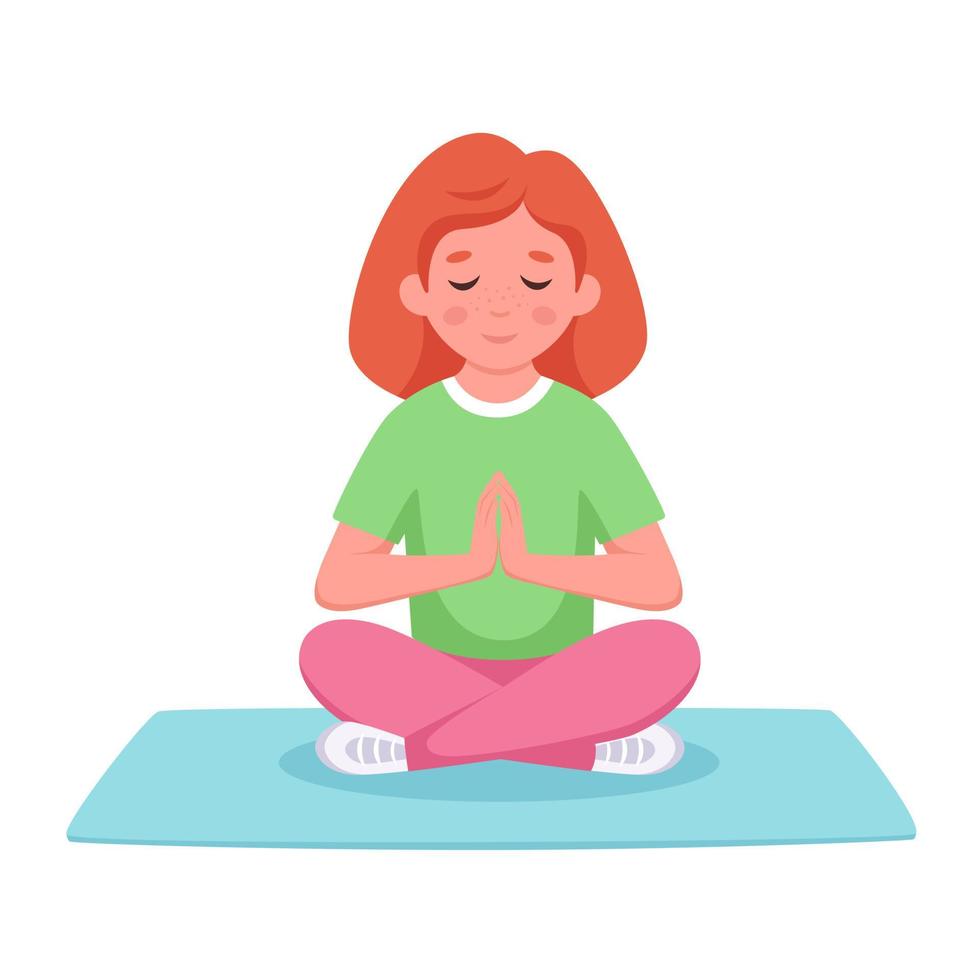 menina meditando em pose de lótus no tapete de ioga. ginástica, meditação para crianças vetor