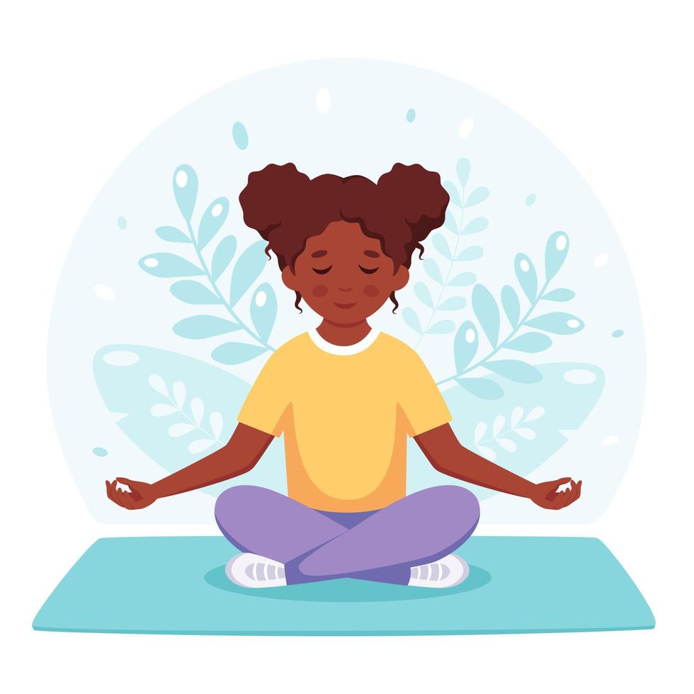 garota afro-americana meditando na posição de lótus. ioga e meditação para crianças. vetor