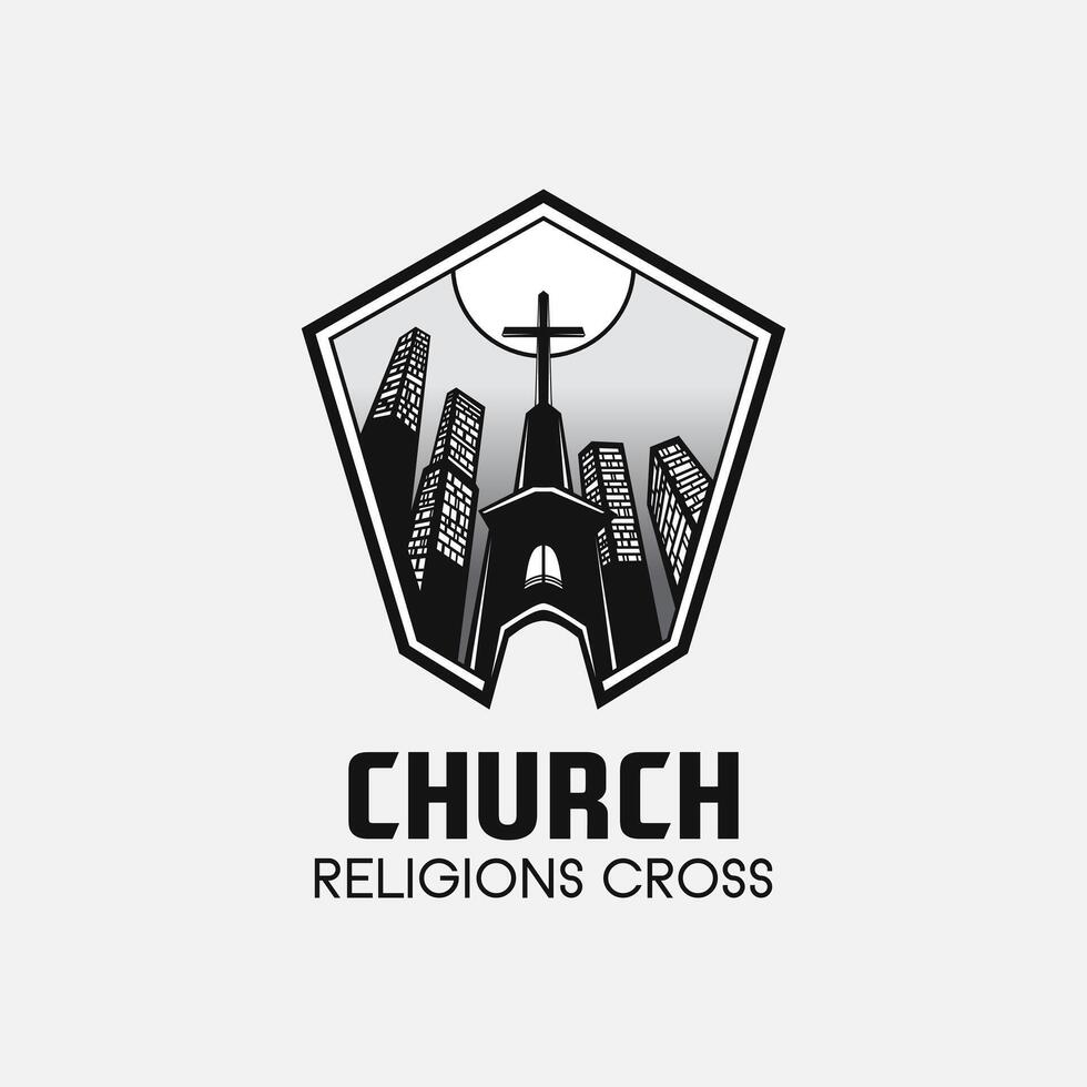 Igreja Cruz logotipo. simples religião vetor Projeto. isolado com suave fundo.
