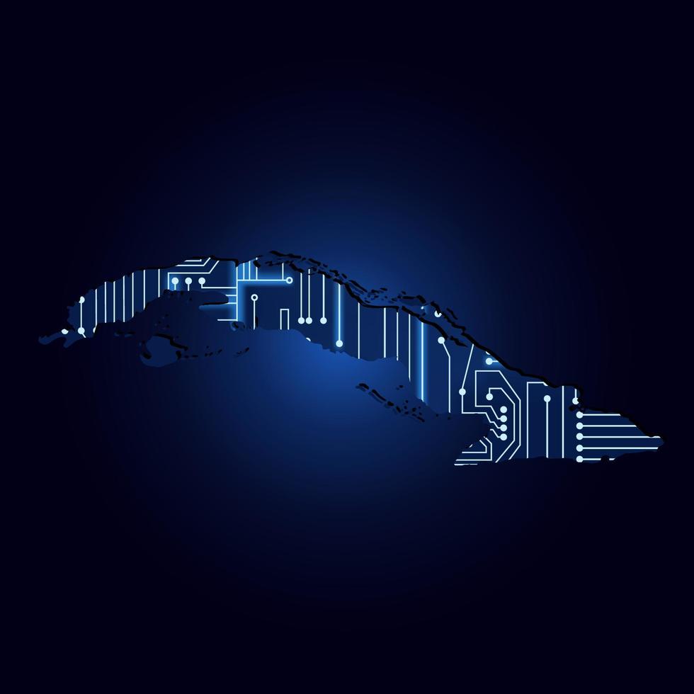 mapa de contorno de cuba com circuito eletrônico tecnológico. vetor