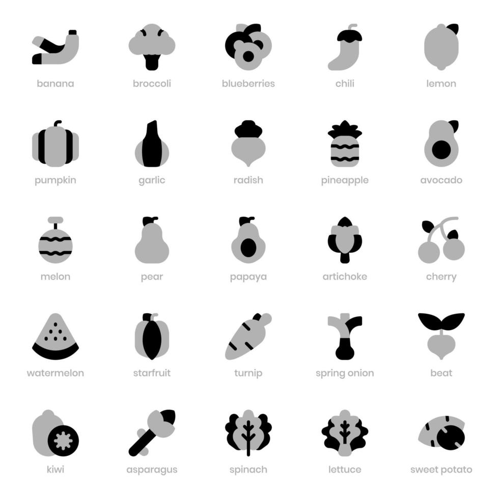 pacote de ícones de frutas e vegetais para o design do seu site, logotipo, aplicativo, interface do usuário. frutas e vegetais ícone duo tom design. ilustração de gráficos vetoriais e curso editável. vetor