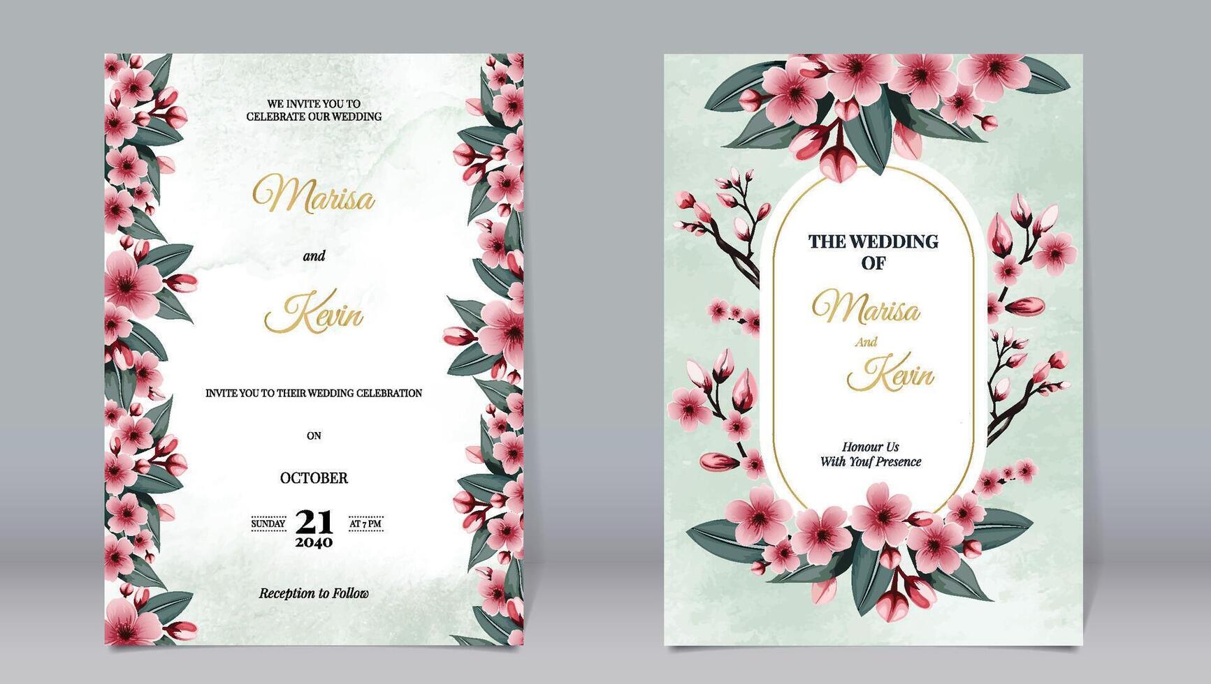 luxo Casamento convite cereja flores e folhas dourado oval elementos em aguarela fundo vetor