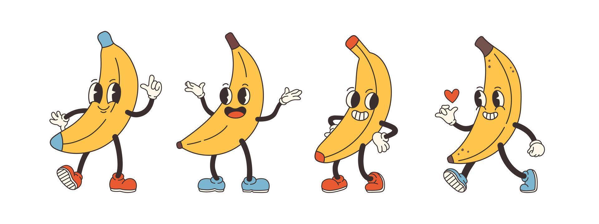 groovy banana definir. mão desenhar engraçado retro vintage na moda estilo banana desenho animado personagem ilustração. rabisco quadrinho coleção. vetor ilustração