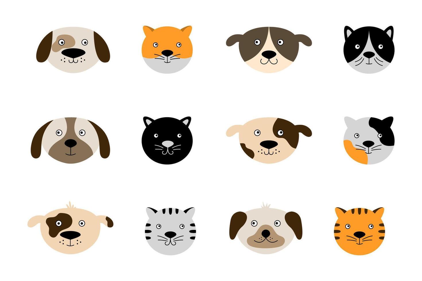 conjunto do 12 ícones gato e cachorro rostos vetor