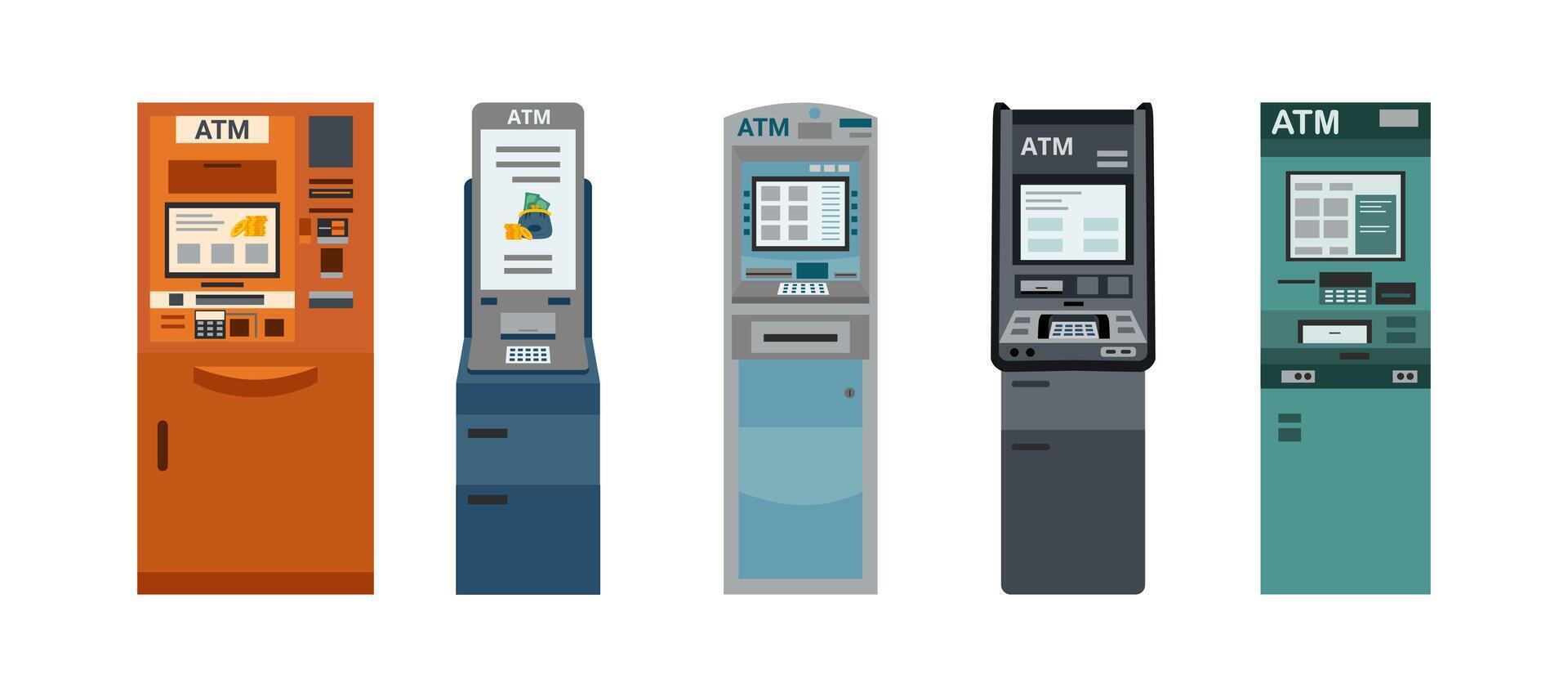 conjunto do atm máquinas isolado em branco fundo. dinheiro máquina. bancário tecnologia. vetor