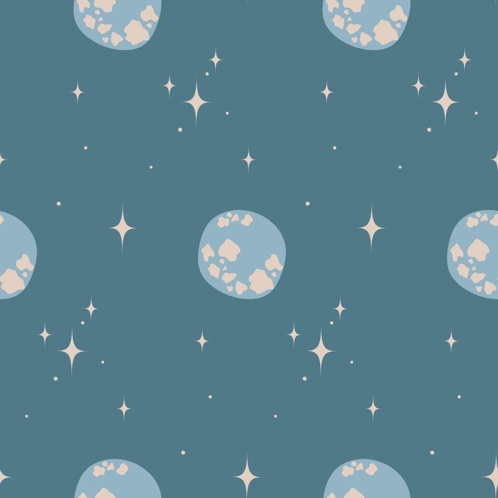 desatado fundo com estrelas e lua ou planeta em azul. padronizar. invólucro papel. vetor