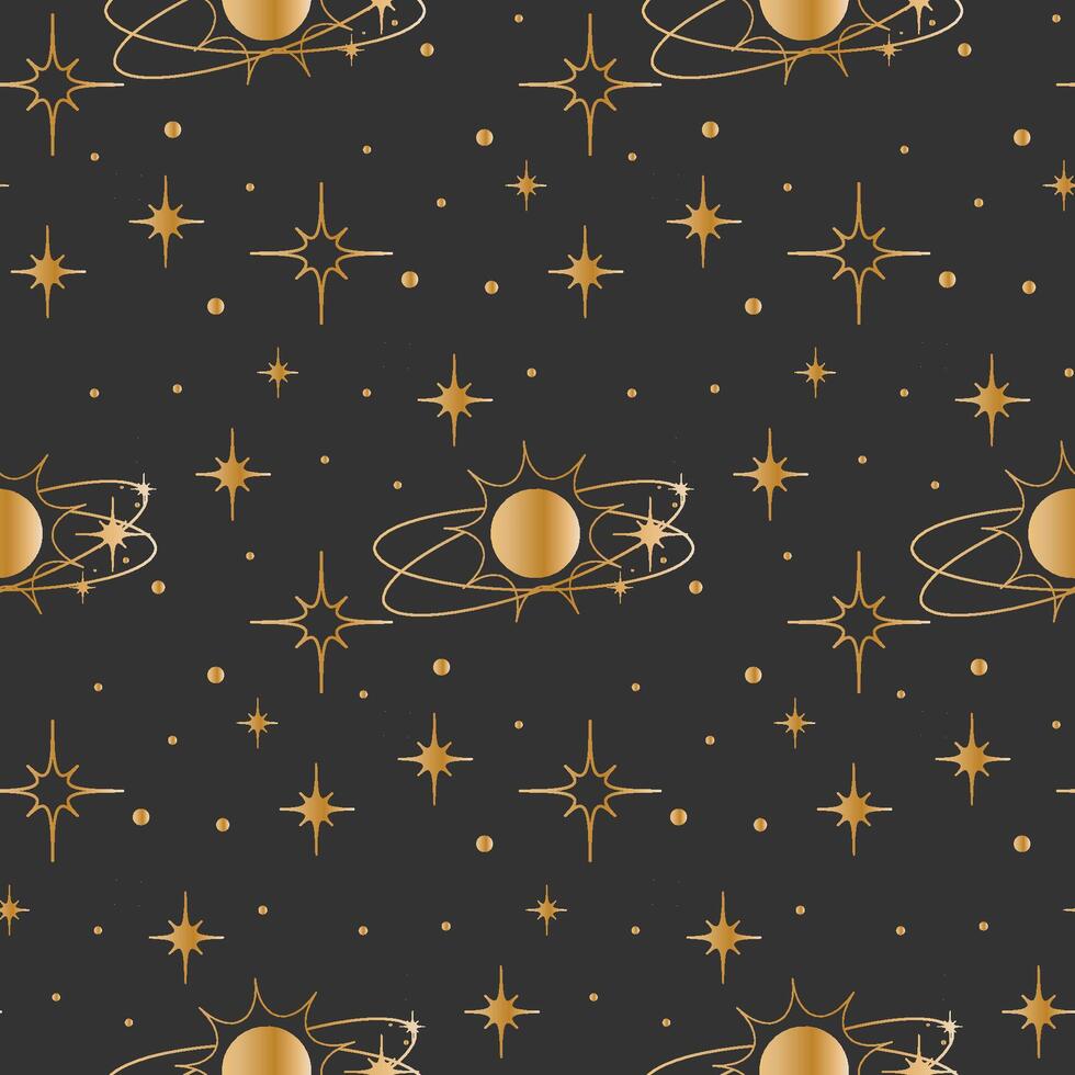 desatado fundo com ouro estrelas e sóis. galáxia padronizar. invólucro papel. vetor