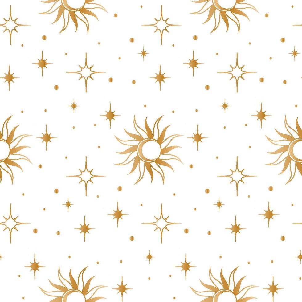 desatado fundo com ouro estrelas e sóis. padronizar. invólucro papel. vetor