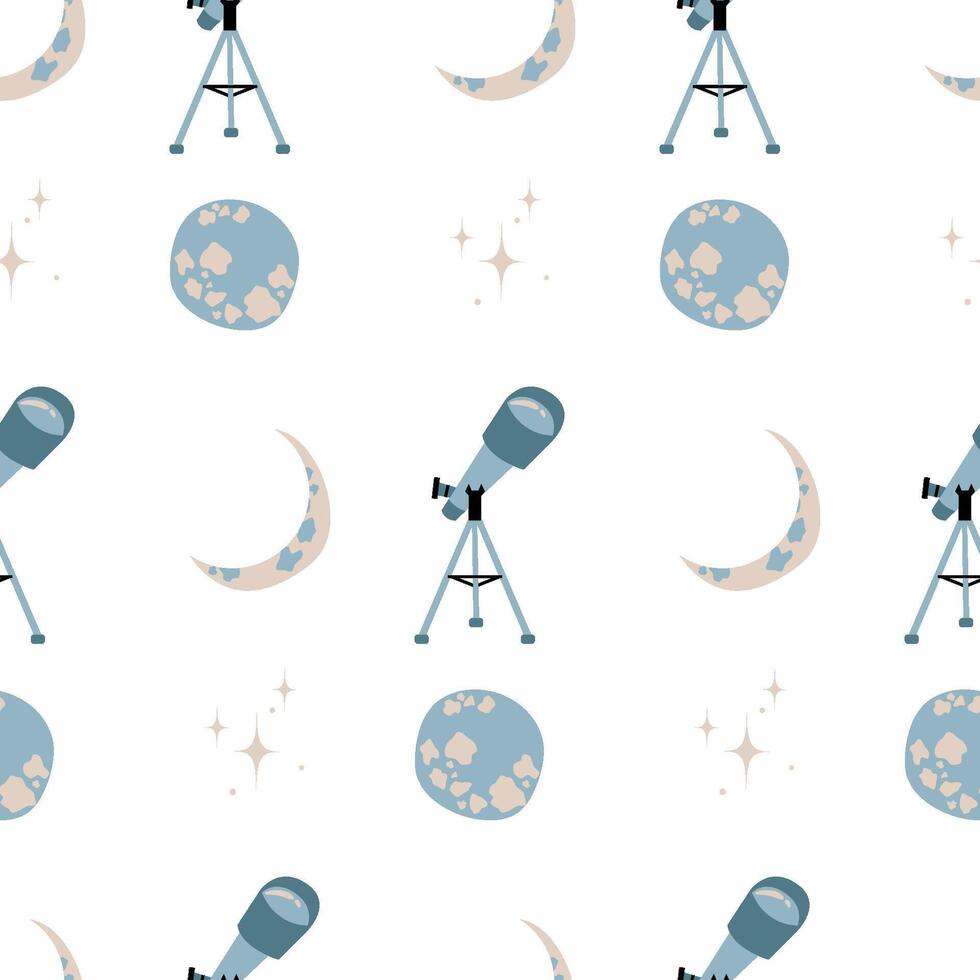 desatado padronizar com telescópio, lua e estrelas. crianças impressão com uma espaço observatório. fundo vetor