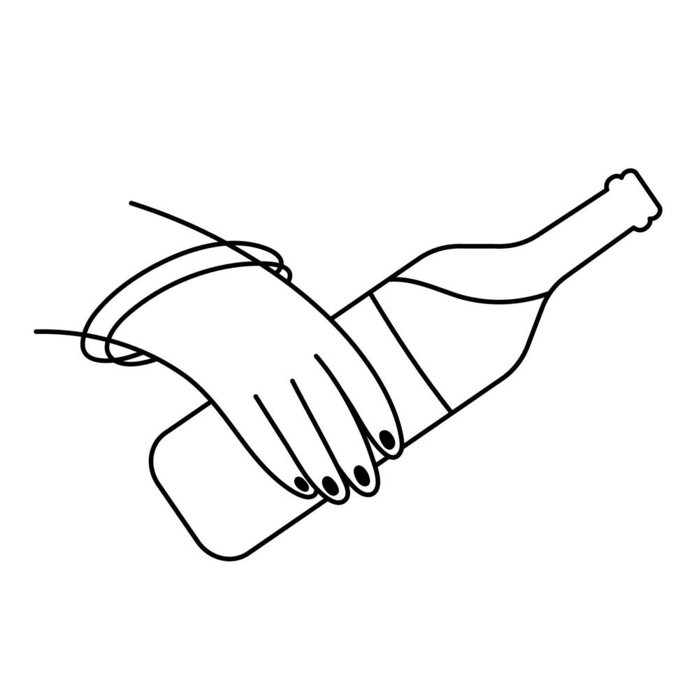 fêmea mão com uma garrafa do vinho. álcool Abuso vício ilustração. mental saúde problemas. mão desenhado linha ícone. vetor