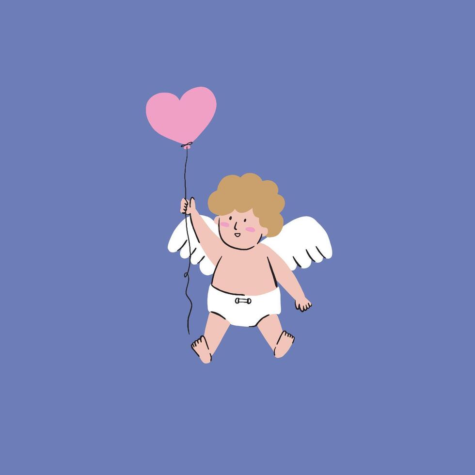 uma mão desenhado ilustração do uma gordo cupido estão segurando uma amor forma balão vetor