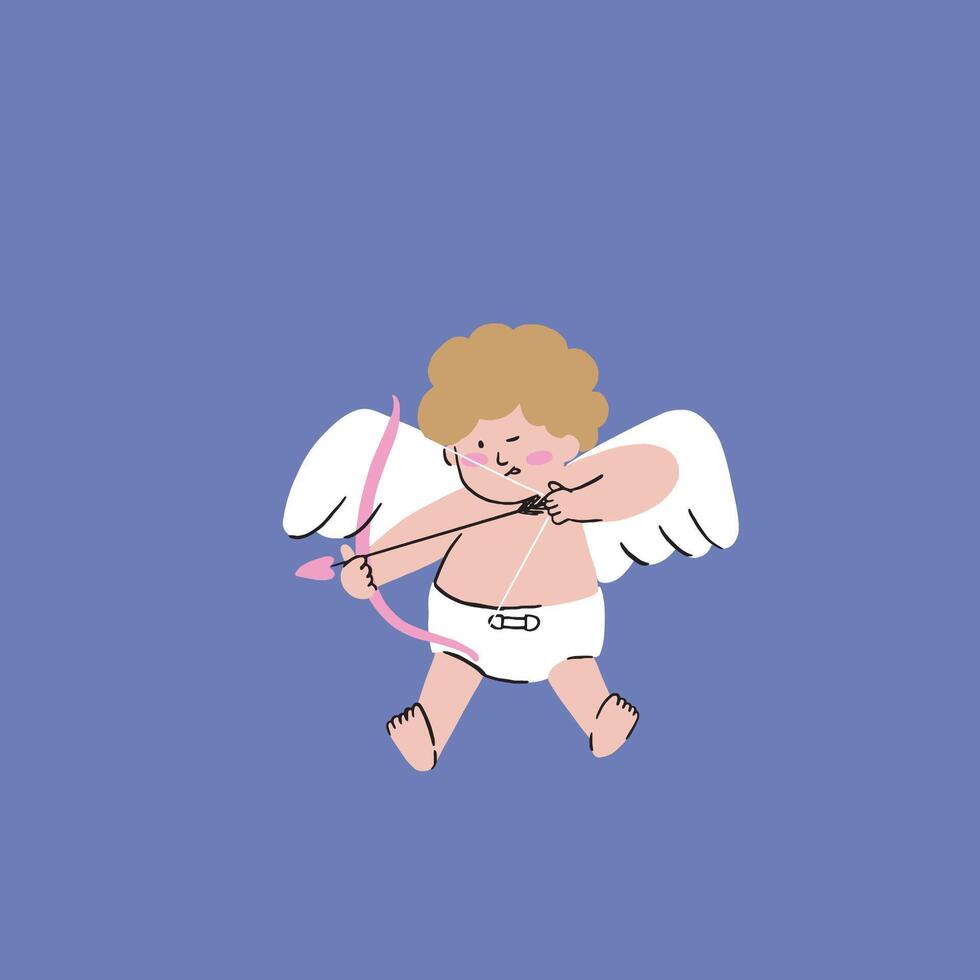 uma mão desenhado ilustração do uma gordo cupido segurando a arco e visando baixa para a adorável casais com a amor seta vetor