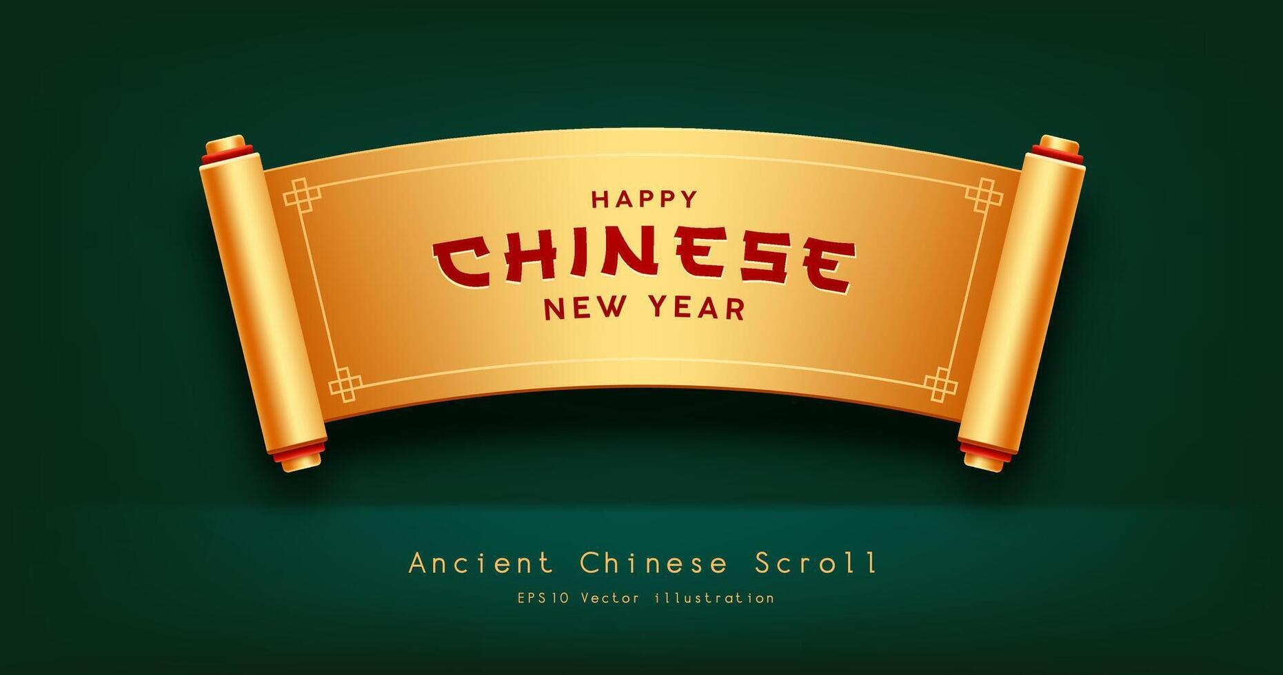 antigo rolagem chinês Novo ano ouro cor, horizontal curva realista bandeira projeto, em verde fundo, eps 10 vetor ilustração