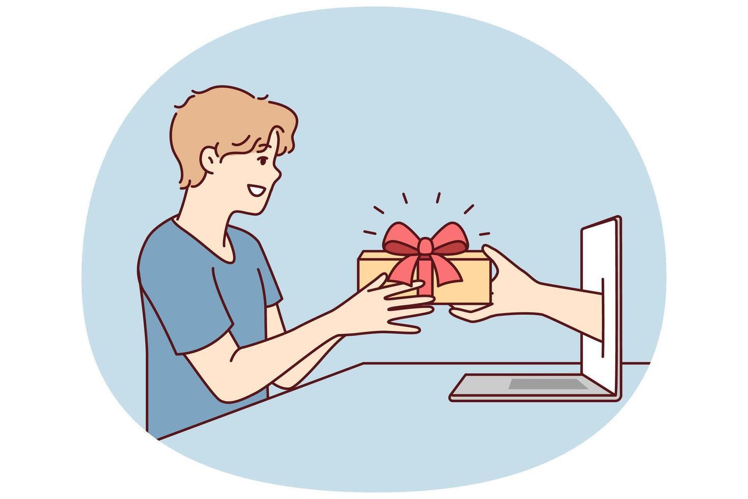 jovem homem recebe presente a partir de mão cutucando Fora do computador portátil tela depois de conectados compras. vetor imagem