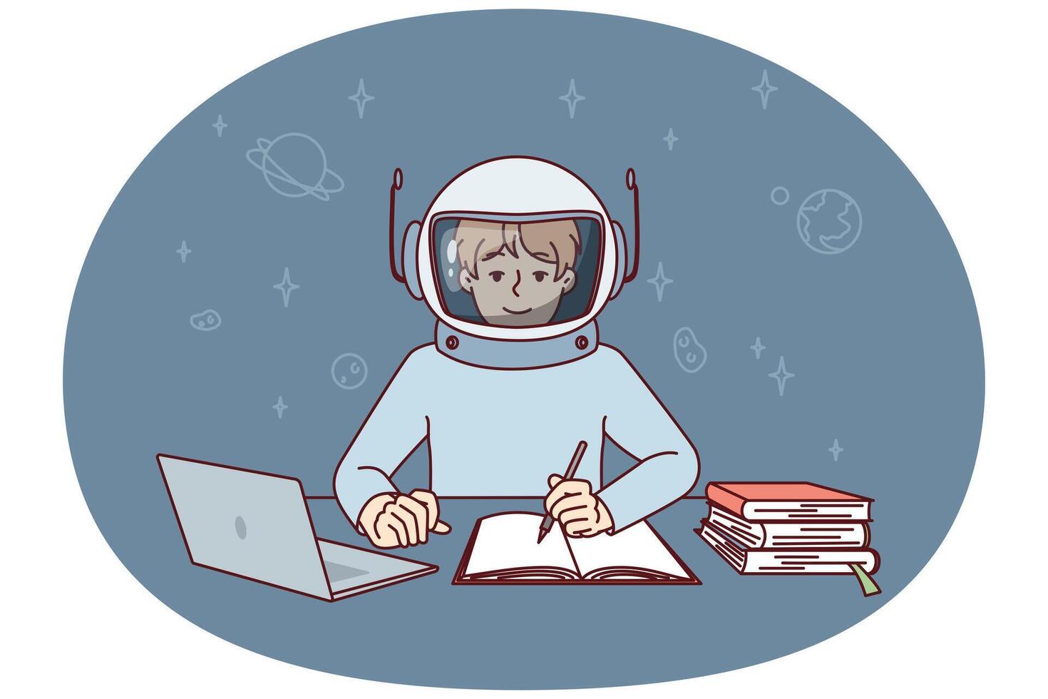 Garoto dentro traje espacial senta às mesa com computador portátil e livros didáticos fazer notas dentro pasta de trabalho. vetor imagem