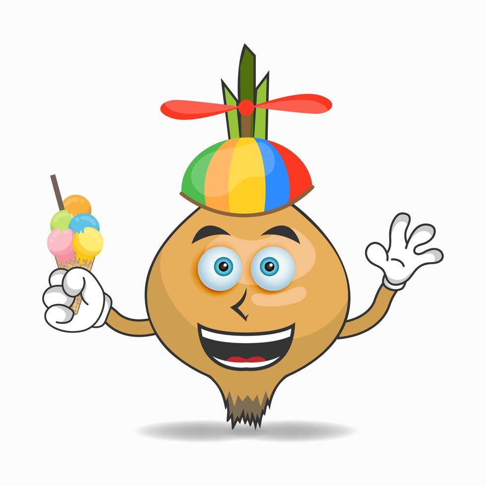 personagem do mascote da cebola com cebola e chapéu colorido. ilustração vetorial vetor