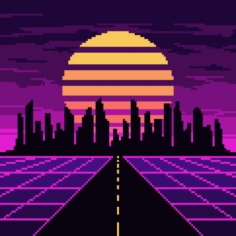 pixel synthwave rodovia com cidade e Sol fundo. néon onda de vapor panorama com malha digital Projeto com Sombrio arranha-céus e listrado Estrela dentro roxa noite vetor céu