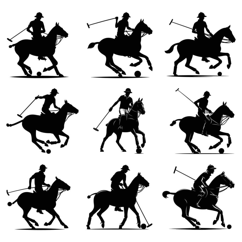 conjunto do 9 pólo jogador com cavalo silhueta vetor agrupar