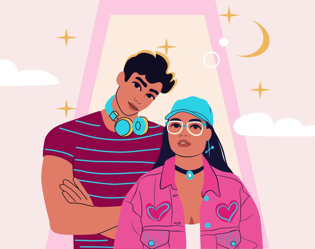 lindo jovem casal dentro na moda Rosa e néon cores. legal atitude Garoto e menina retratos. retro nostálgico vibração conceito. vetor