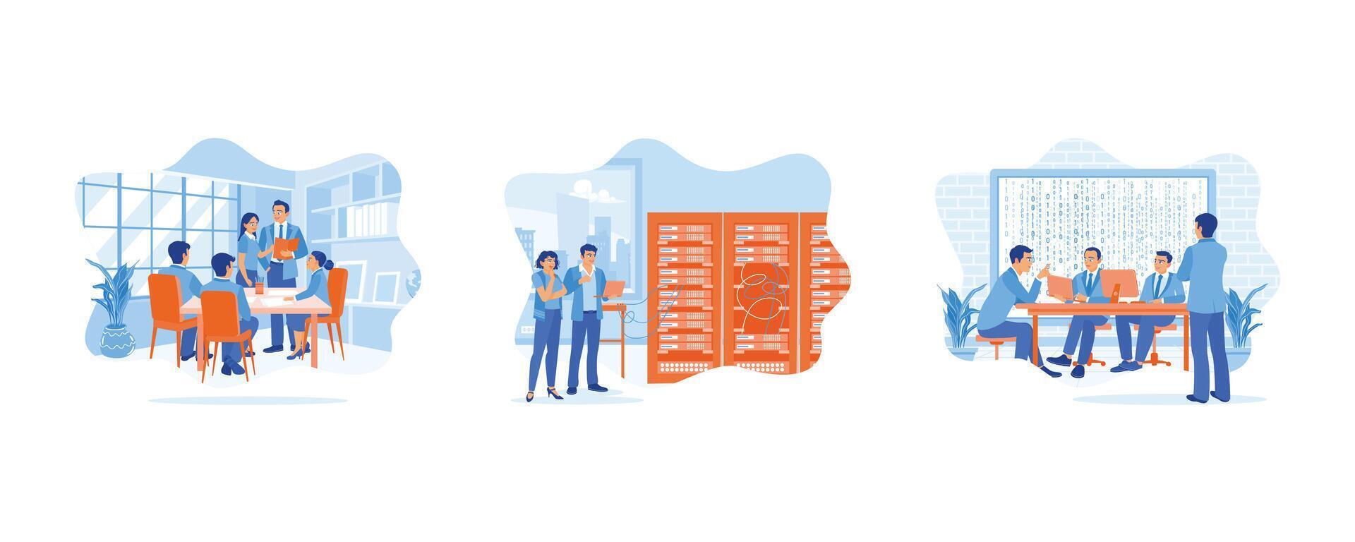 discutir em formação conceito. discutir o negócio Ideias. em pé dentro uma dados Centro com servidor prateleiras. ai programadores e Programas desenvolvimento equipe debate. conjunto plano vetor moderno ilustração