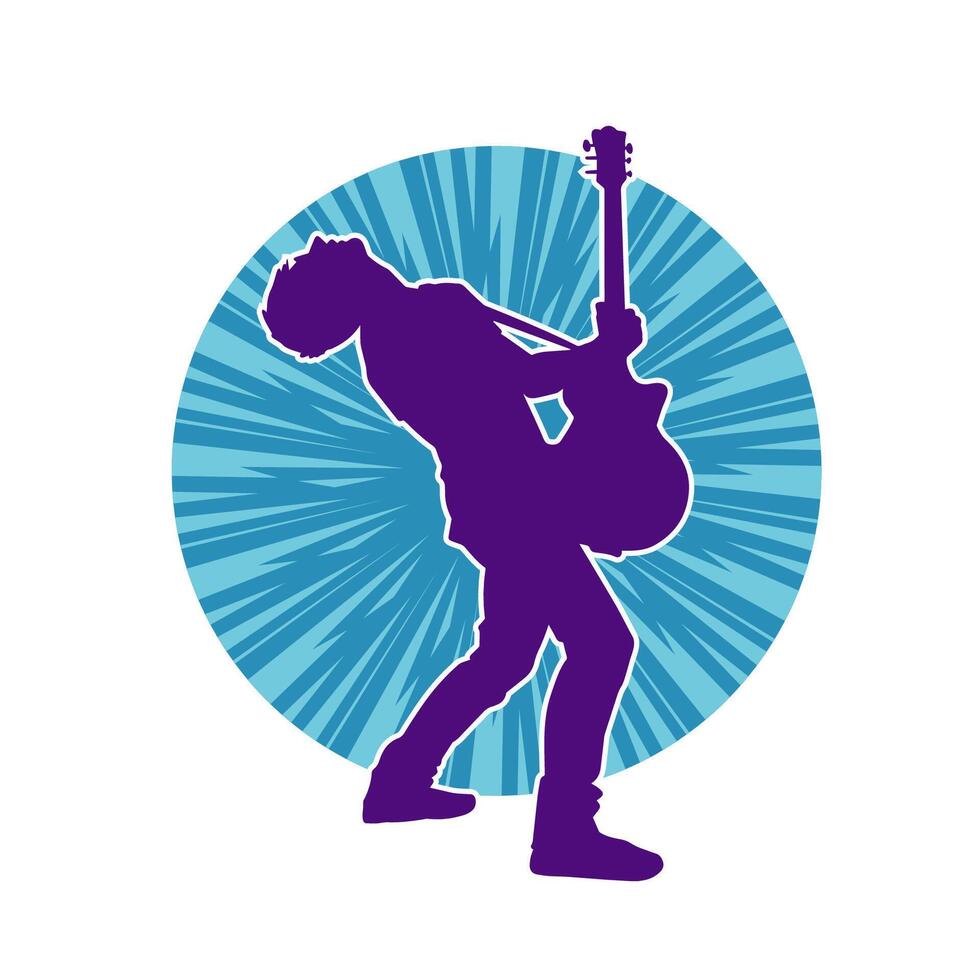 silhueta do uma músico jogando elétrico guitarra musical instrumento. silhueta do uma masculino guitarra jogador executando. vetor