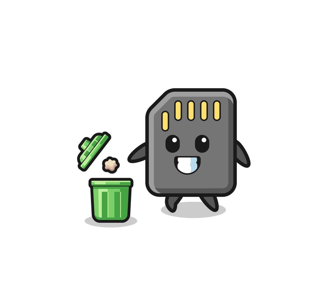 ilustração do cartão de memória jogando lixo na lata de lixo vetor