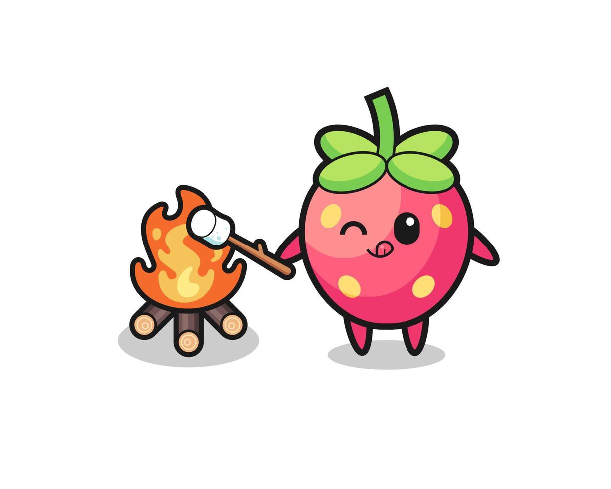 personagem de morango está queimando marshmallow vetor
