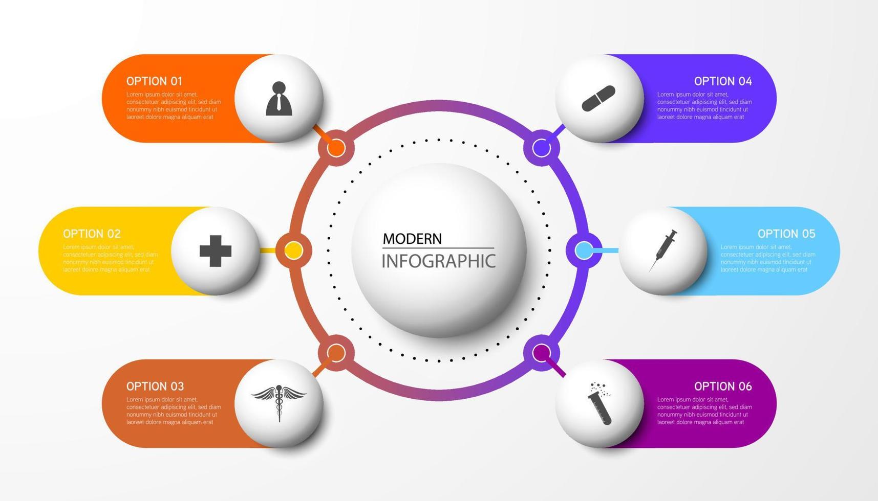 modelo moderno de infográfico. design de elementos de círculo criativo com ícones de marketing. conceito médico com 6 opções, etapas, peças. vetor