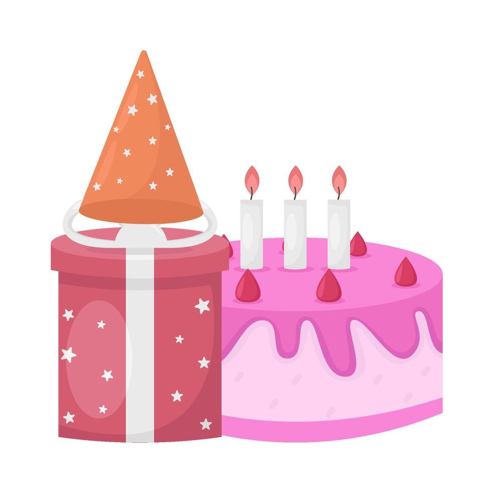 aniversário bolo, chapéu aniversário festa com presente caixa ilustração vetor